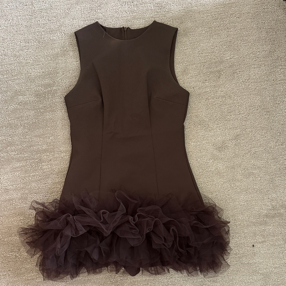 Zara Brown Midi Dress with Ruffle Hem